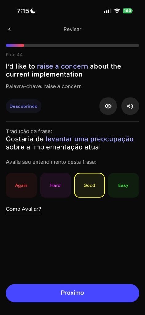Tela de revisão do BitWord com frase em inglês e tradução