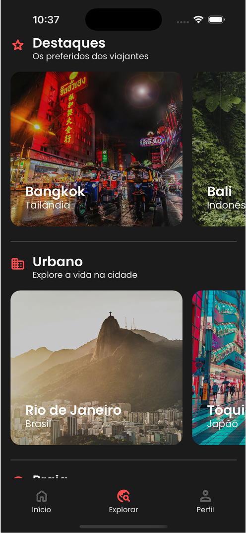 Tela do app: explorar destinos